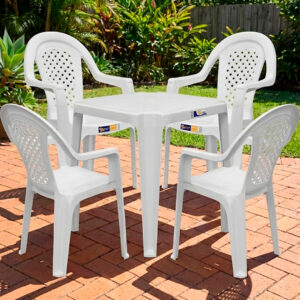 Conjunto Mesa Quadrada com 4 Poltronas Jacarecica Branca – Ideal para Jardim, Varanda e Área Externa