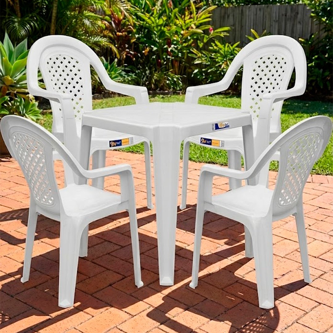 Conjunto Mesa Quadrada com 4 Poltronas Jacarecica Branca – Ideal para Jardim, Varanda e Área Externa