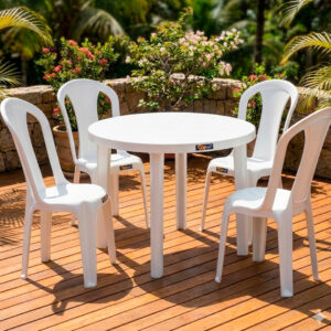 Conjunto Mesa Redonda Desmontável com 4 Cadeiras Protagy Branca ou Preta – Ideal para Jardim, Varanda e Área Externa