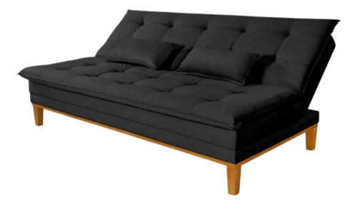 Sofá Cama Mobly 2 Lugares Reclinável 140cm Em Veludo Preto Pés Madeira Moderno Prime Home Liso