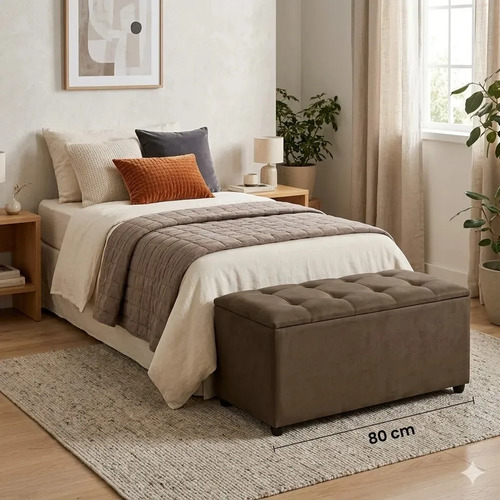 Recamier Com Baú Suede 80cm Banco Estofado Pé Madeira Marrom Liso