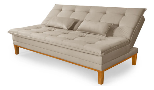 Sofá Cama 2 Lugares Confortável Reclinável 140cm Pés Madeira Bege Liso