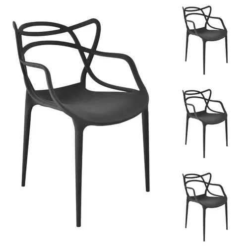 Kit 4 Cadeiras Allegra Com Braço Moderna Empilhável Em Polipropileno Para Sala De Jantar Cozinha Preto - Prime Ho