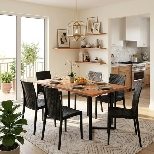 Kit 4 Cadeiras De Jantar Rattan Preto Empilhável Moderna Área Interna Externa Resistente Confortável Prime Home Rattan Tipo Junco