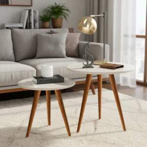 Conjunto Mesa De Centro Apoio Lateral Duas Mesinhas Canto Off White