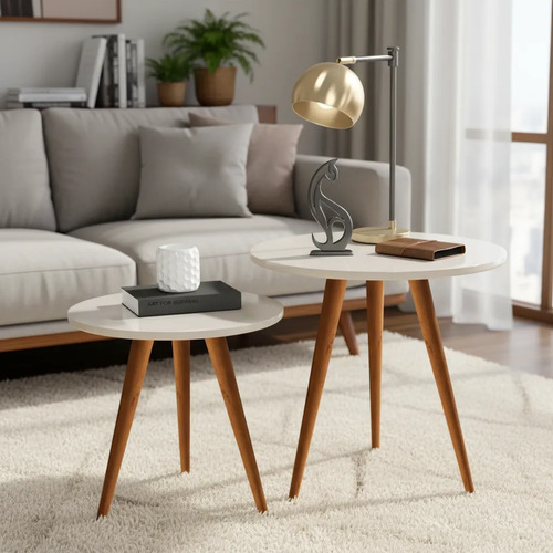 Conjunto Mesa De Centro Apoio Lateral Duas Mesinhas Canto Off White