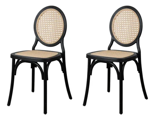 Kit 2 Cadeiras De Jantar Medalhão Encosto Rattan Bistrô Luxo Medalhão Rattan Preto