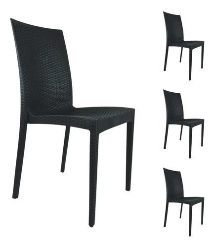 Kit 4 Cadeiras De Jantar Rattan Resistente Empilhável Rattan Preto
