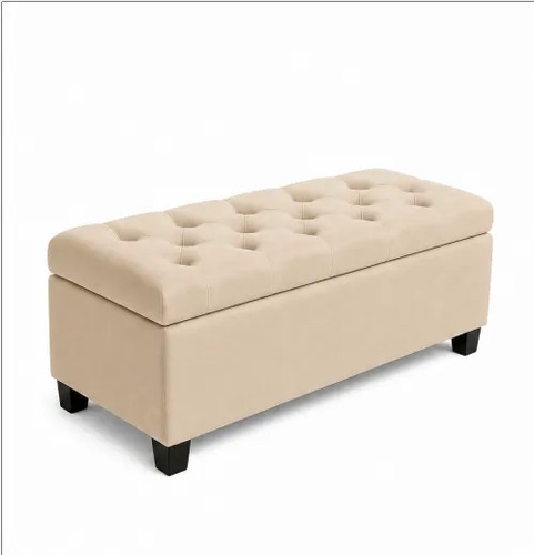 Recamier Com Baú Suede 80cm Banco Estofado Pé Madeira Bege Liso