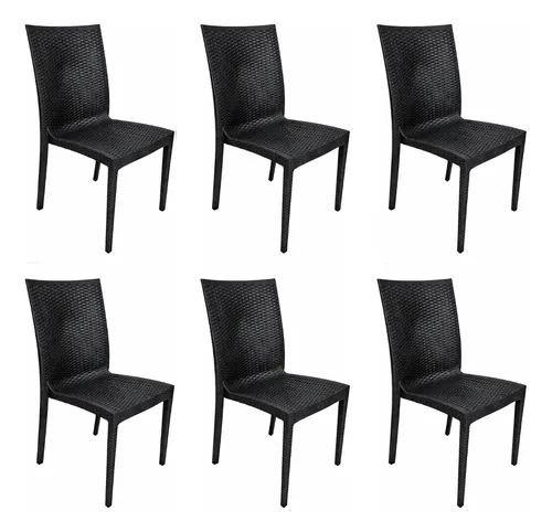 Kit 6 Cadeiras De Jantar Rattan Cozinha Resistente Moderna Rattan Preto