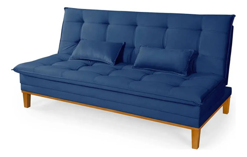 Sofá Cama 2 Lugares Confortável Reclinável 140cm Pés Madeira Azul Liso