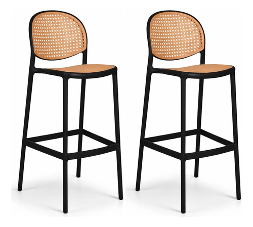 Kit 2 Banquetas Alta Roma Bali Com Encosto Rattan Gourmet Fosco Preto/caramelo