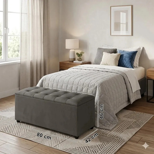 Recamier Baú Suede Cinza 0,80 Banco Estofado Luxo Mz Móveis Liso
