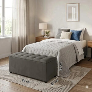 Recamier Com Baú Suede 80cm Banco Estofado Pé Madeira Cinza Liso