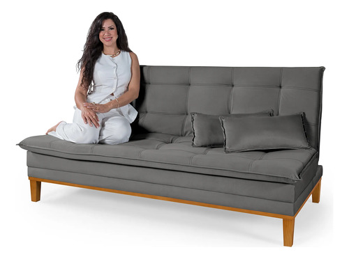 Sofá Cama 2 Lugares Confortável Reclinável 140cm Pés Madeira Cinza Liso