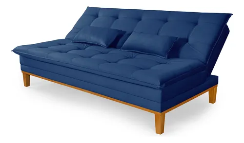Sofá Cama 2 Lugares Confortável Reclinável 140cm Pés Madeira Azul Liso