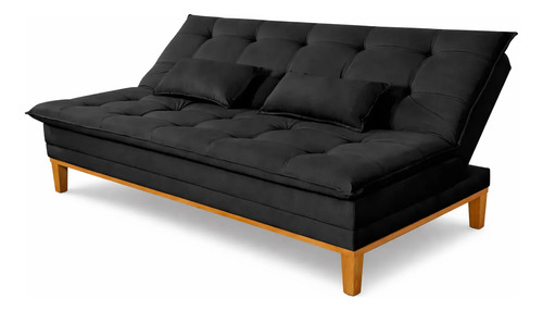 Sofá Cama 2 Lugares Confortável Reclinável 140cm Pés Madeira Preto Liso