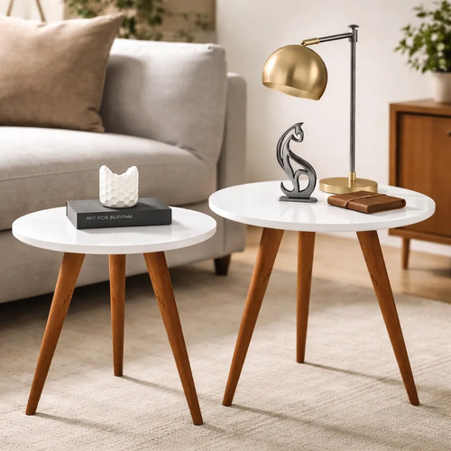 Conjunto Mesa De Centro Apoio Lateral Duas Mesinhas Canto Branco