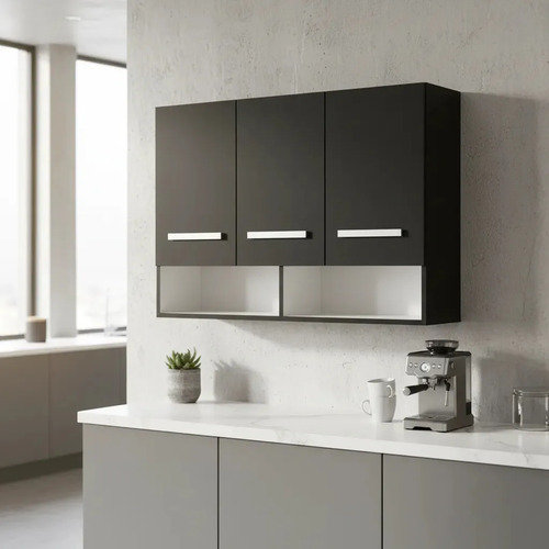 Armário Aéreo Mila 90cm 3 Portas Mdf Resistente Pintura Uv Fosca Cozinha Preto Moderno Luxuoso Stark Living
