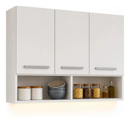 Armário De Cozinha Aéreo 90cm Mila 3 Portas Mdf Multiuso Branco