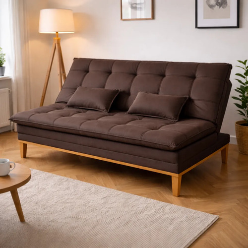 Sofá Cama 2 Lugares Reclinável 140cm Pés Madeira Conforto Marrom Liso