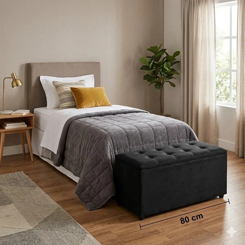 Recamier Com Baú Suede 80cm Banco Estofado Pé Madeira Preto Liso