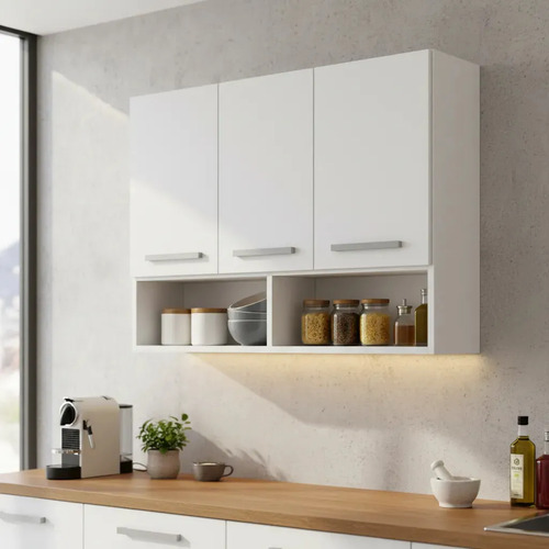 Armário Aéreo Mila 90cm 3 Portas Mdf Resistente Luxo Pintura Uv Fosca Cozinha Branco Moderno Stark Living