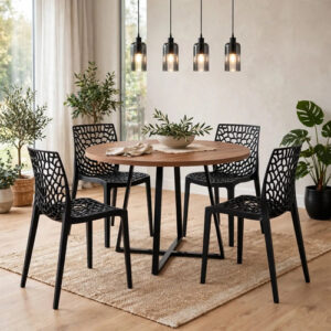 Conjunto De Jantar Mesa Industrial Redonda Com 4 Cadeiras Gruvyer Preto