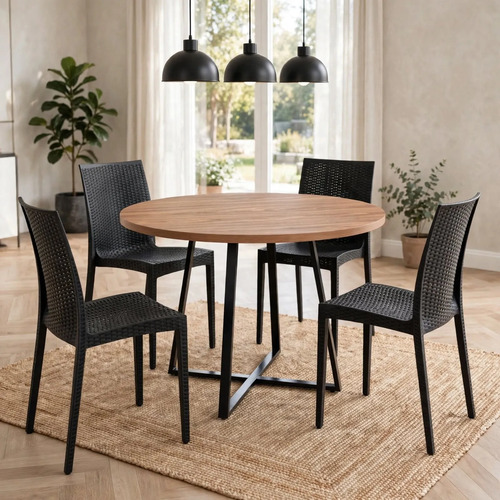 Conjunto De Jantar: Mesa Industrial Redonda Com 4 Cadeiras Rattan Preto