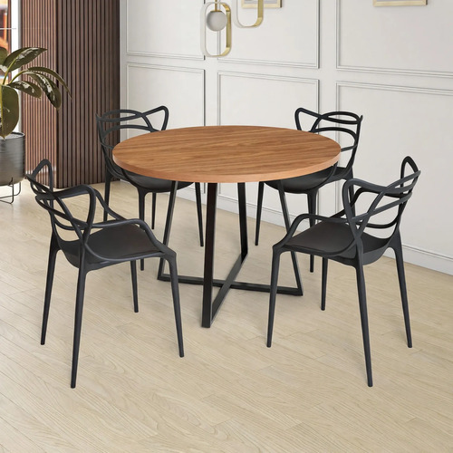 Mesa De Jantar Redonda 110cm 4 Lugares Mdf Industrial Metal Nature Preto