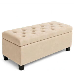 Puff Baú Retangular Organizador Estofado Em Suede 80cm Bege Liso