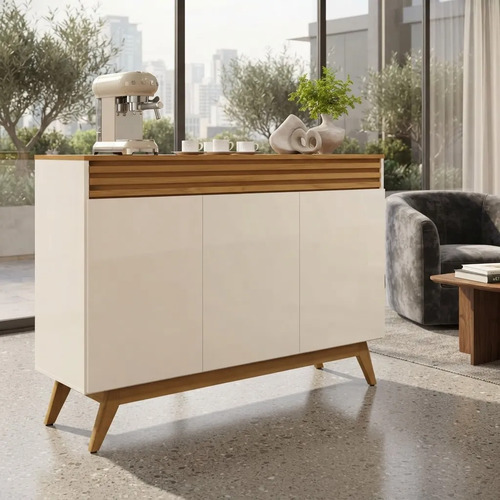 Aparador Buffet Florence 3 Portas Ripado 100% Mdf Pé Madeira Off White