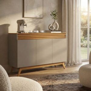 Aparador Buffet Florence 3 Portas Ripado 100% Mdf Pé Madeira Cinza