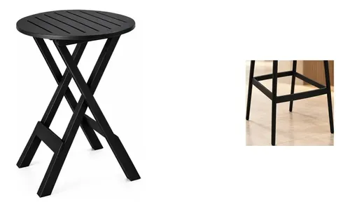 Kit Bistrô: Mesa Dobrável Marrom 60cm + 2 Banquetas Allegra Com Encosto Pretas