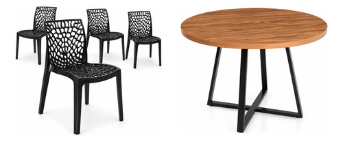 Conjunto Mesa De Jantar Redonda 110cm Mdf Industrial Com 4 Cadeiras Gruvyer Pretas